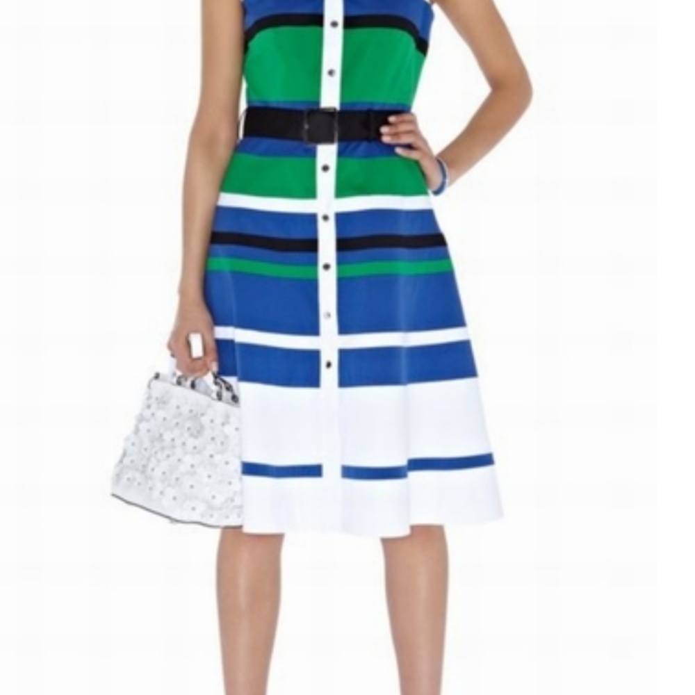Karen Millen multi stripe shirt dress S 6 4 white blue green collared sleeveless
